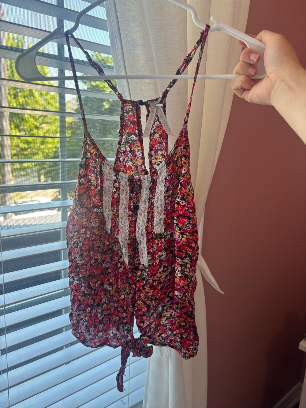 Red Pink Black Floral Lace-Trim Camisole